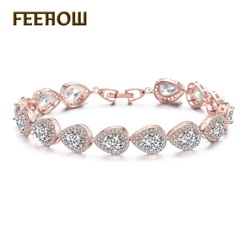 Женский теннисный браслет FEEHOW из розового золота с камнями в форме сердца