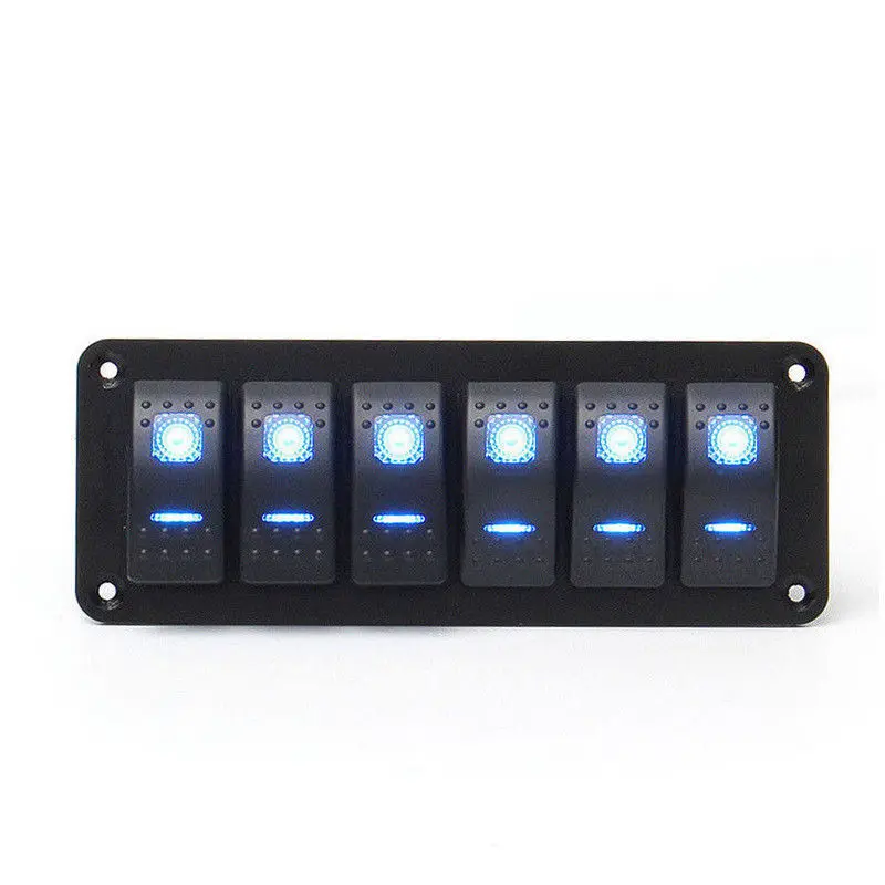 6 Gang Blue LED Light Rocker Switch Panel Circuit Breaker Boat Marine Waterproof
