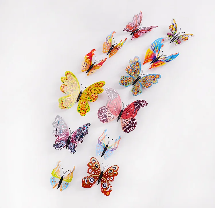 24pcs/lot Multicolor Double Layer 3D Butterfly Wall Sticker Magnet PVC Butterflies Party Kids Bedroom Fridge Decoration 10 color
