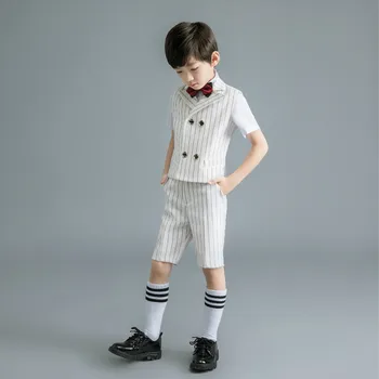 

YuanLu Boys Suits Short Sleeve Bib Suit for Weddings Party Piano Baby Clothes Slim Fit White Stripe Summer