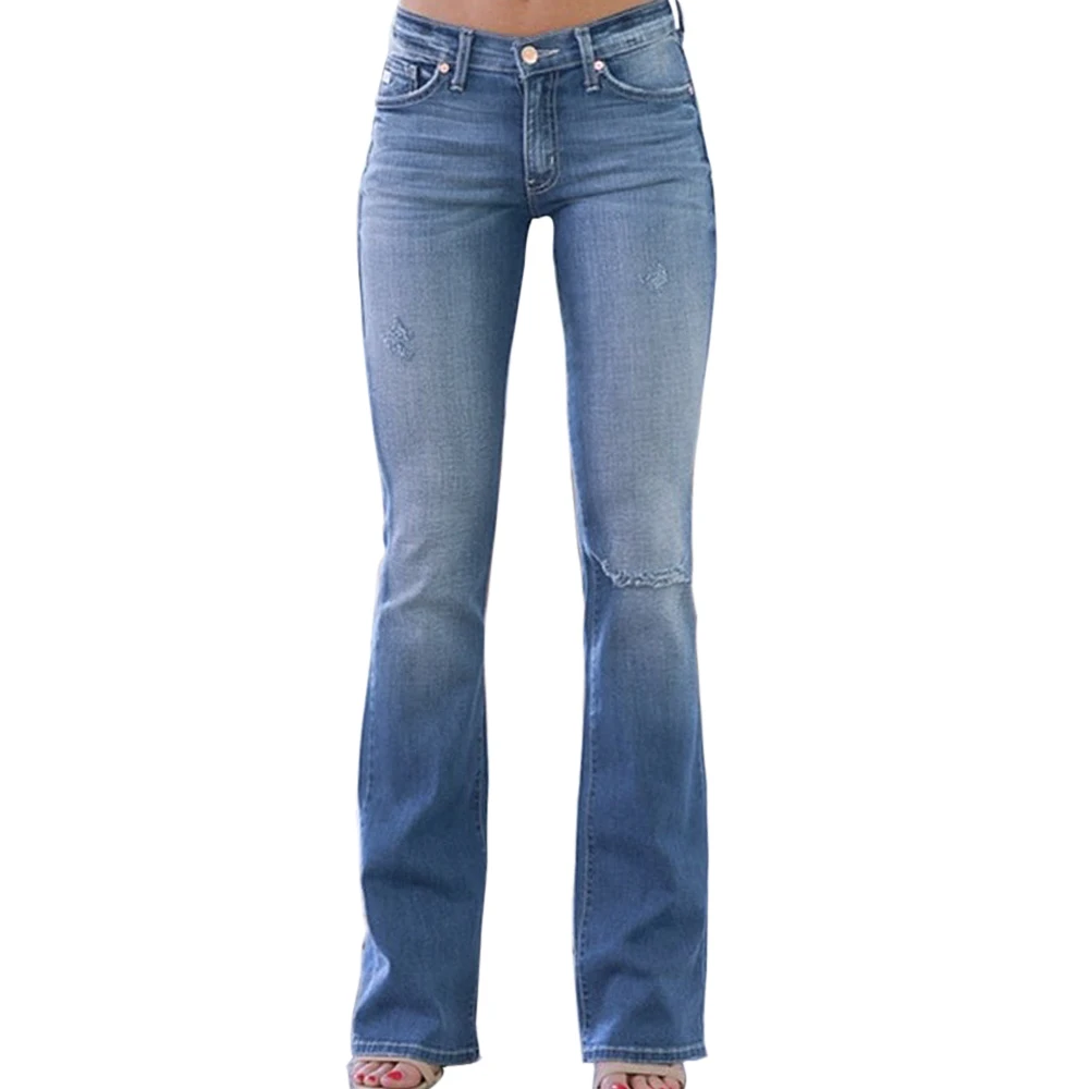 Light Blue CALOFE, Новое поступление, женские облегающие джинсы, модные тонкие повседневные рваные джинсы, женские расклешенные брюки, длинные штаны - Цвет: Light Blue