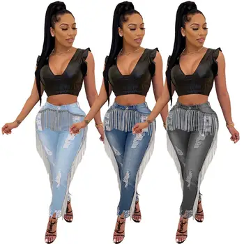 

Korean Pants Skinny Ripped Tassel Jeans Pants Women Bodycon Fashion Hole Denim Pants Streetwear Elegant Clubwear Pencil Jeans