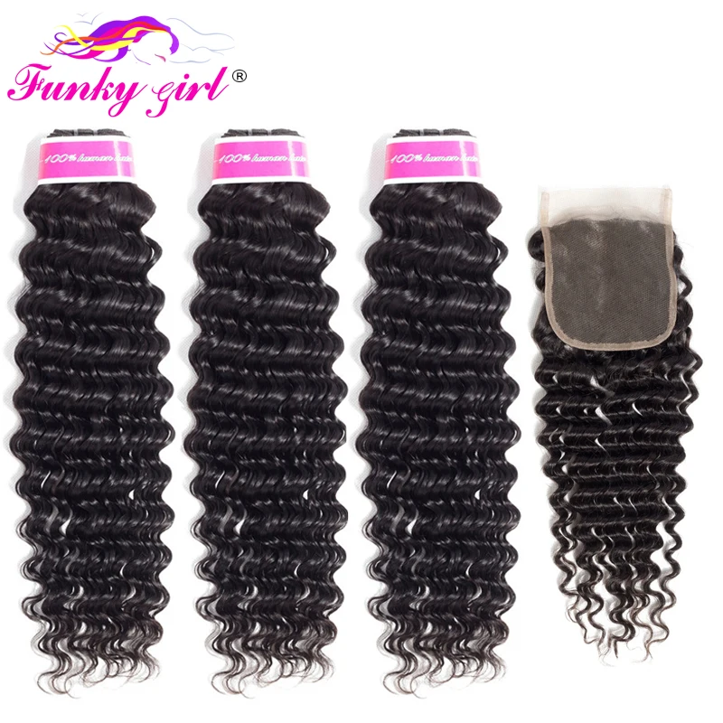 

Funky Girl Brazilian Deep wave Human Hair Bundles With Closure 3 or 4 Bundles Deal with 4*4 Lace Closure Non Remy Hair Extension