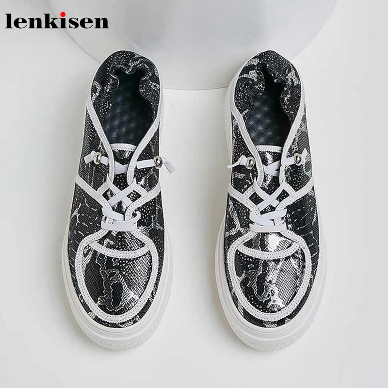 

Lenkisen snake loafers sheep leather round toe high heels thick bottom slip on shiny gorgeous autumn women vulcanized shoes L52
