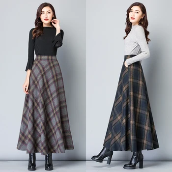 

Autumn Winter Long Skirts Women Vintage Maxi Skirt High Waist Warm Wool Elegant Office Lady Plaid Skirt