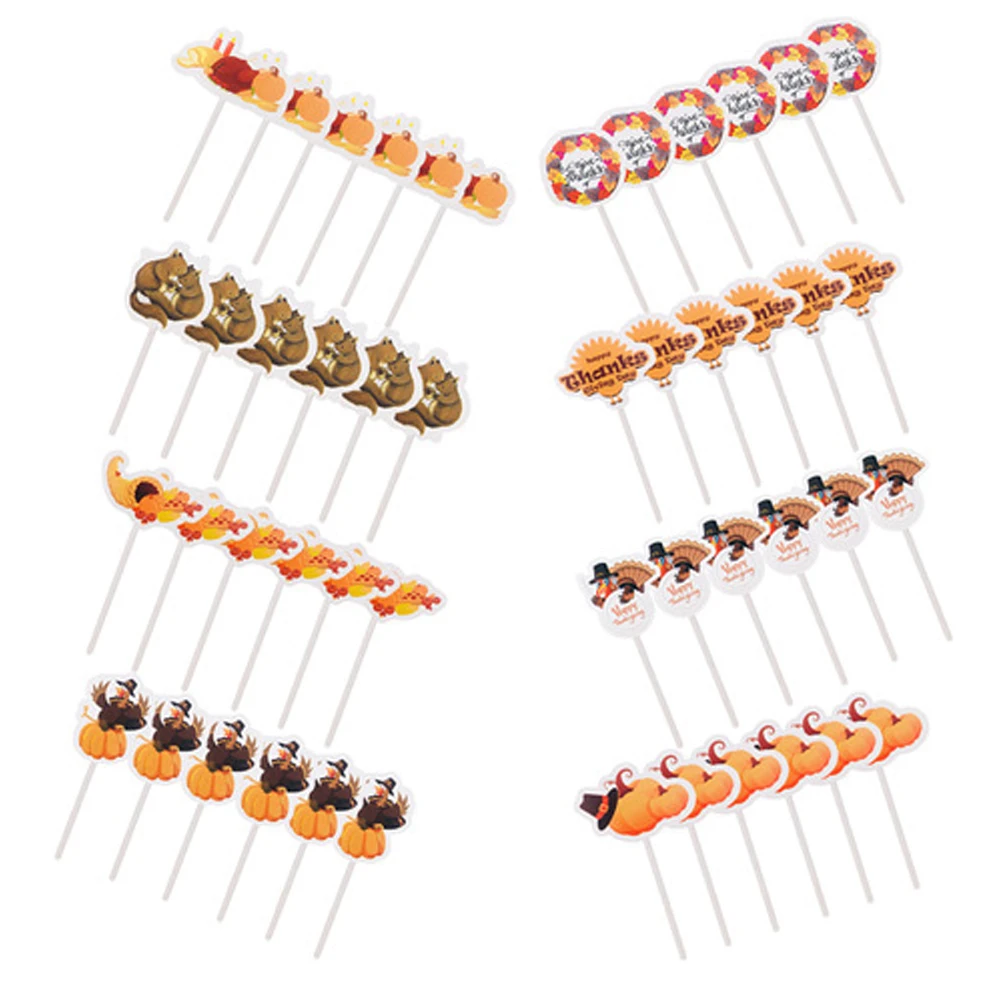 72pcs Table Cake Topper Set Cute Turkey Wedding Decoration Cartoon Paper Food Picks Cupcake Pumpkin Birthday Thanksgiving