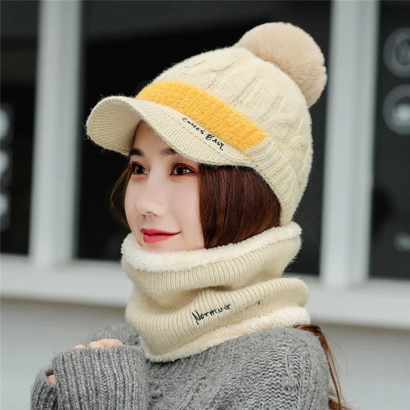 Прямая, комплект из 2 предметов для девочек, женские шапки Skullies Beanies, шапка с воротником, комплект для женщин, зимняя теплая вязаная шапка и шарф