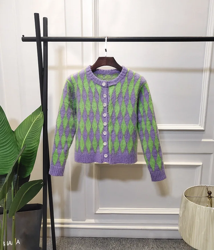 2020 Purple Green Rhombus Mohair Cardigan Sweater Women Knitted Sweater Korean Lazy Wind Sweater Women 2020 Purple Green Rhombus Mohair Cardigan Sweater Women Knitted Sweater Korean Lazy Wind Sweater Women