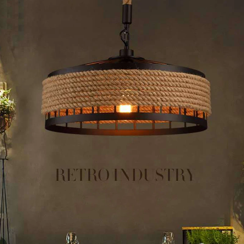 

Vintage Industrial Hemp Rope Hanging Lamp Bar Restaurant Round Chandelier Decorative Night Light(without bulb)