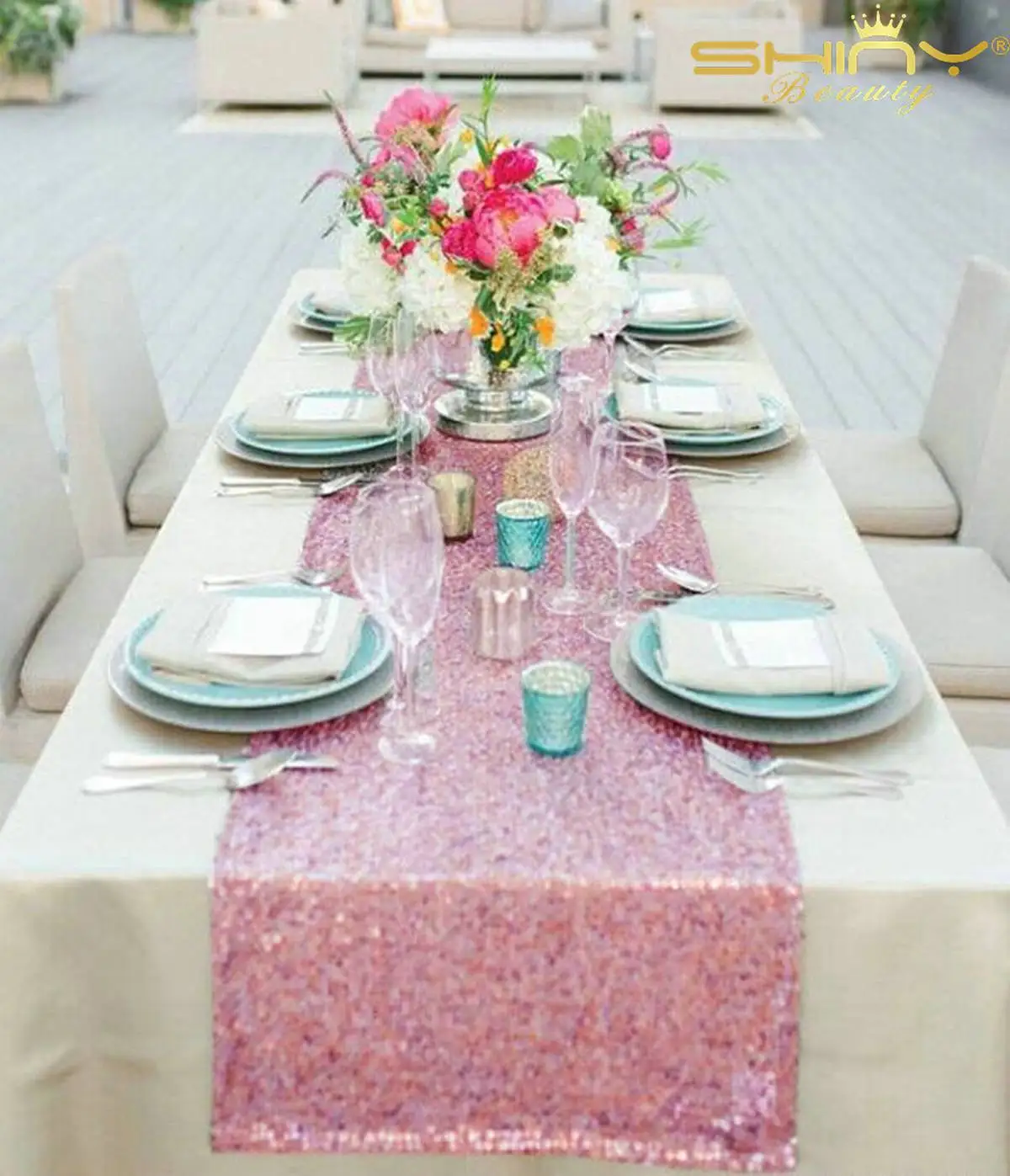 14x120-Inch Table Runner Shiny Pink Table Runners for Dining Tables Wedding Decoration-M1014