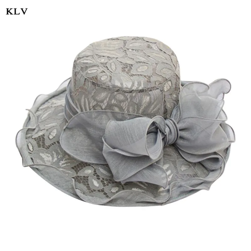 Gray(lace) Женская церковная шляпа от солнца с широкими полями, цветочный кружевной чай, вечерние, вуалетки, съемный цветок, оборки, регулируемая пляжная кепка LX9E - Цвет: Gray(lace)