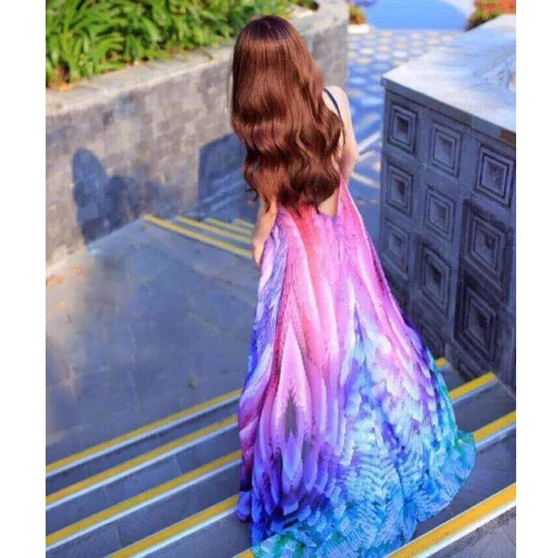 colorful gradient print rainbow dress beach clothes for women bohemian chiffon dress strappy shoulder straps maxi backless dress