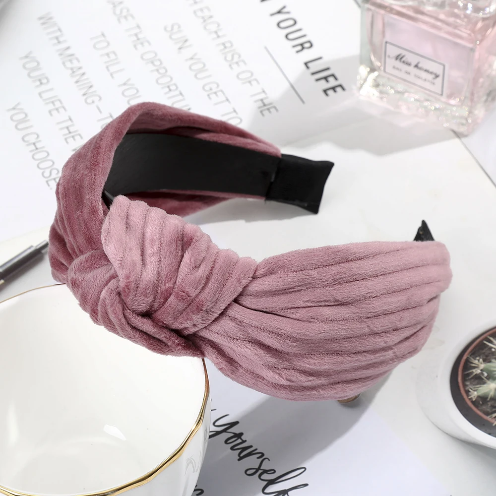 G dark pink AWAYTR Новая Осенняя бархатная повязка на голову простой завязанный стиль одноцветные резинки для волос для женщин теплые полосатые аксессуары для волос обруч для волос - Цвет: G dark pink