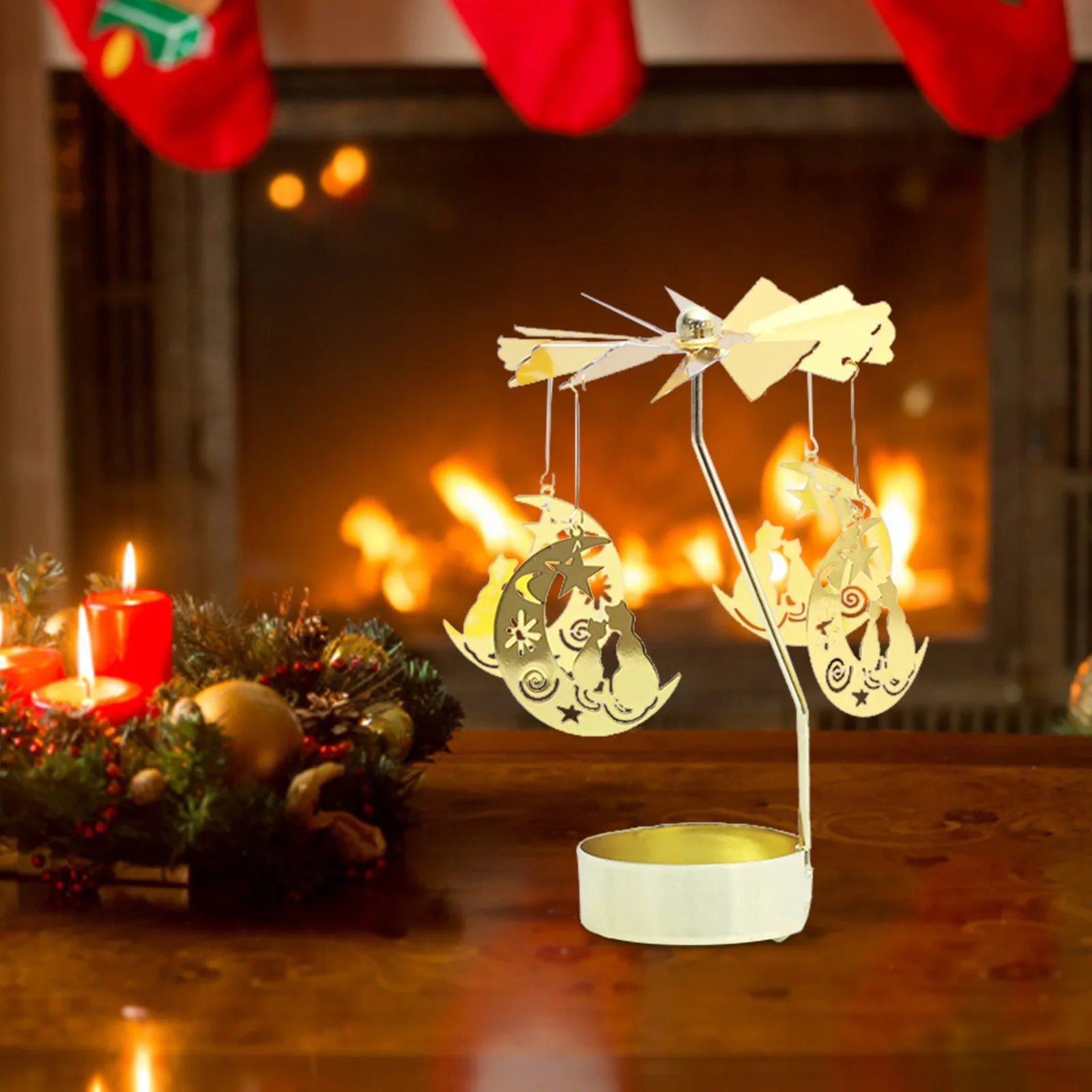 Xmas Candle Holder Light Lantern Rotating Candlestick Dinner Prop Home Decor 
