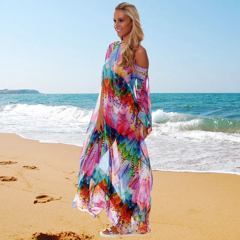 Beach Dresses Swimsuits Tunic Covered Woman Pareo And Swimsuit Chiffon Garment Skirt Color Feathers Loose Big Yards Female Smock