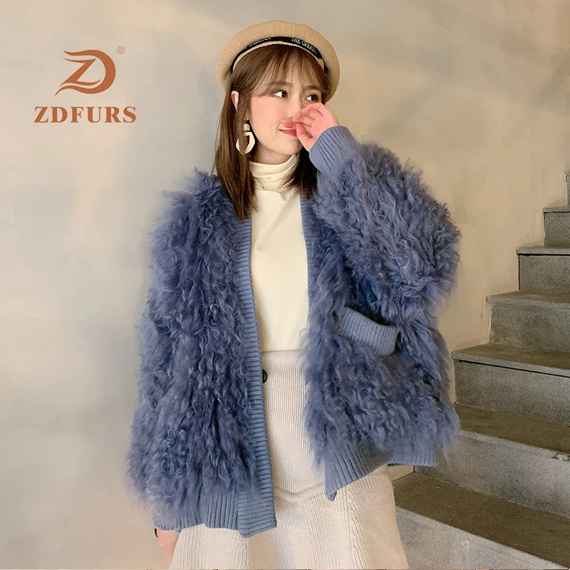 Новинка 2019 женские куртки ZDFURS из овечьей шерсти с V-образным вырезом свободное