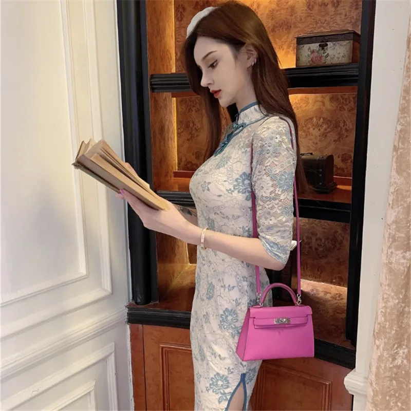 Китайский Hanfu Cheongsam Половина рукава ретро оболочка клуб сексуальное обтягивающее платье мини Вечерние платья мандарский воротник элегантное кружевное платье
