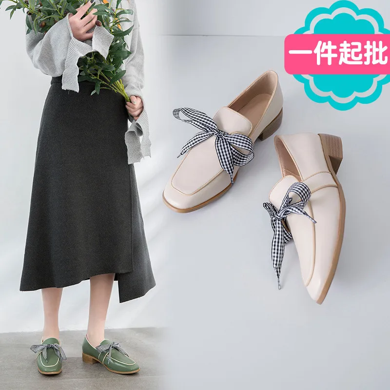 

Loafers Women's Chunky-Heel Semi-high Heeled Square Head England College Style Retro Small Leather Shoes Mixed Colors Bow Deep-m