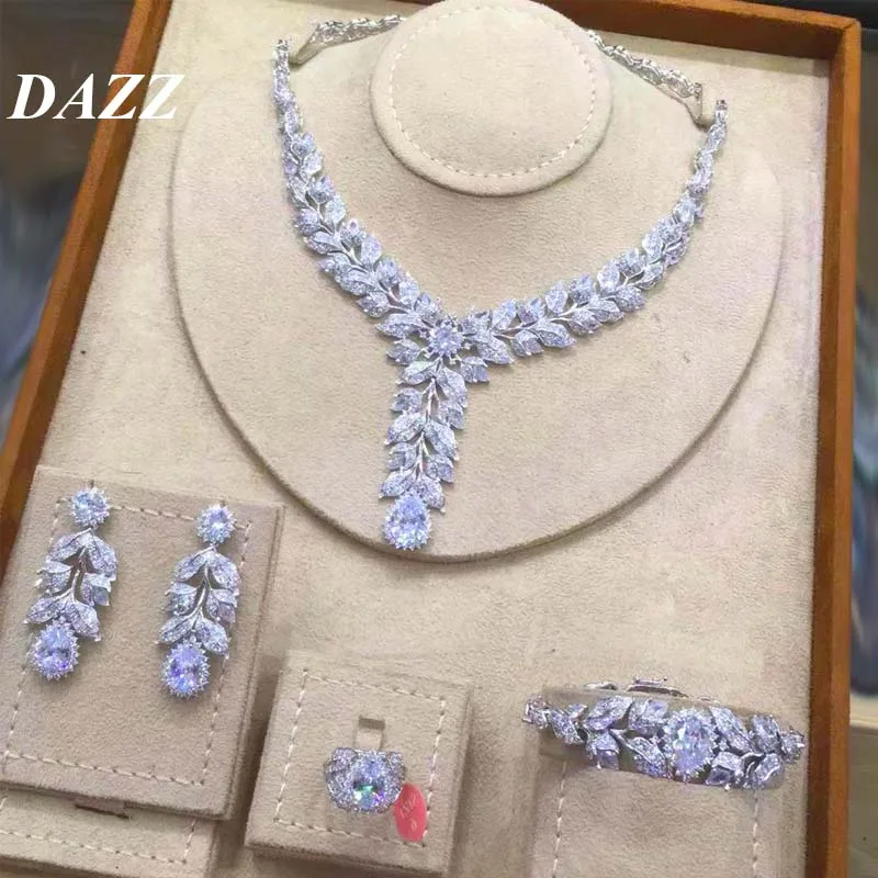Dazz 4 шт. роскошный кубический циркон цветок ювелирный набор Нигерия Свадебная Мода Дубай свадебное женское ожерелье серьги лист ювелирные наборы - Окраска металла: sliver color