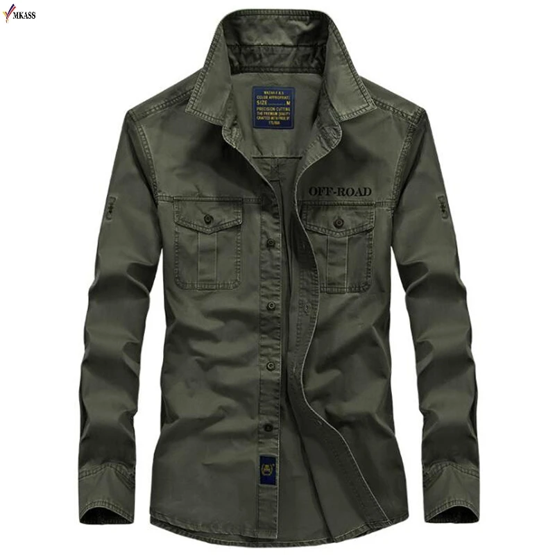 

New 2019 Men Shirts Cotton Military Shirt Khaki Casual Slim Fit with Pocket Long Sleeve Vintage Jacket Streetwear Plus Size 4XL