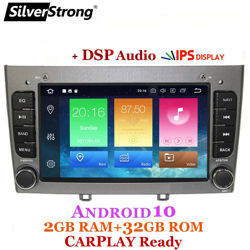 SilverStrong Android10 CarPlay для PEUGEOT 308 408 Navi радио GPS DSP два Din 32 Гб емкости серый черный