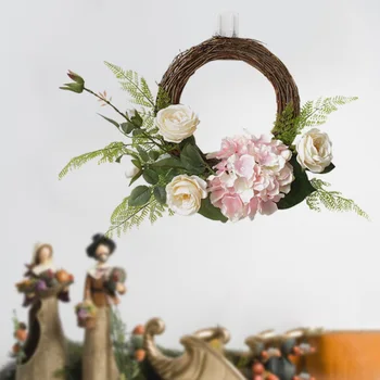 

Round Shape Artificial Rose Flower Wreath Fake Hydrangea Floral Rattan Garland With Green Leaves For Door Window Wedding Decor