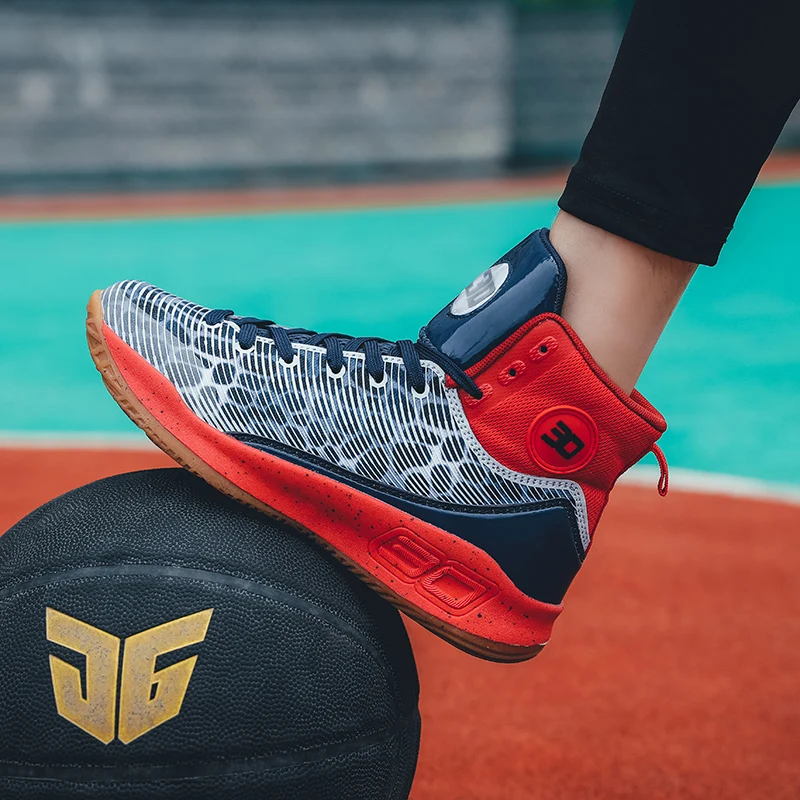 Баскетбольные ботильоны для мужчин; нескользящая резиновая спортивная обувь для мужчин; красные, синие высокие баскетбольные спортивные тренировочные кроссовки