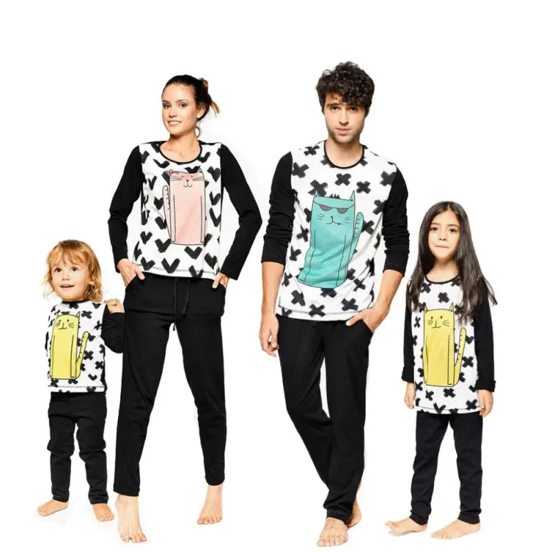 

Cotton Spring And Autumn Family Matching Outfits Two Piece Boys Girls Cartoon Print Long Sleeved Shirt Pure Black Trousers s