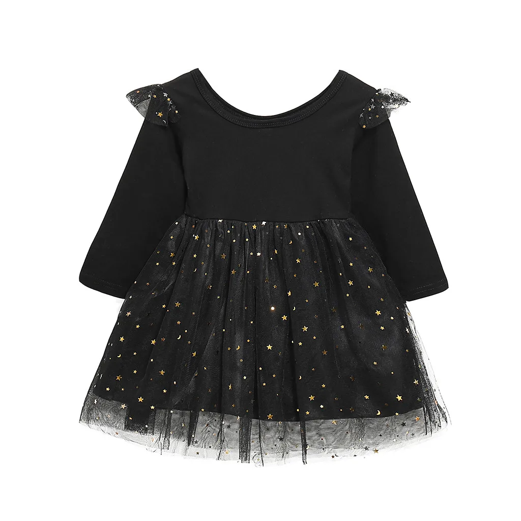 От 6 месяцев до 4 лет платье с фатиновой юбкой; платье принцессы для маленьких девочек; газовые платья с длинными рукавами, оборками, блестками и принтом со звездой; детская одежда для девочек - Цвет: Black