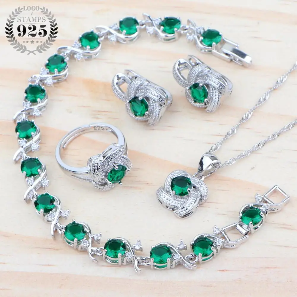 4PCS Green Zirconia Bridal Silver 925 Jewelry Sets Wedding Costume Jewellery For Women Pendant Earrings Ring Bracelet Necklace Set - Окраска металла: 4PCS