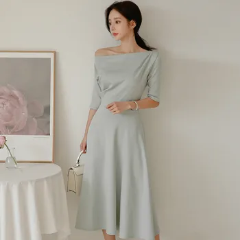 

Female Spring Vestidos 2020 Korea Sexy Slash Neck Midi Swing Casual Blue Women's Dress