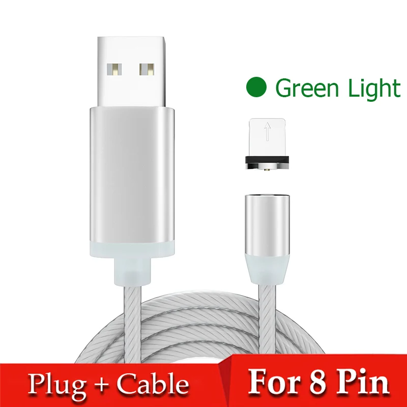 Магнитный кабель USB C 8-контактный кабель Магнитный кабель светодиодный кабель для быстрой зарядки Кабель зарядного устройства микро-usb провод для huawei iPhone samsung - Цвет: Green for iPhone