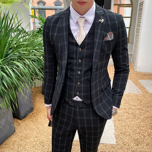 Британский Стиль Классический Полосатый мужской костюм slim fit ashion бутик Блейзер Свадебный костюм для жениха 3 шт наборы(куртка+ жилет+ брюки - Цвет: black