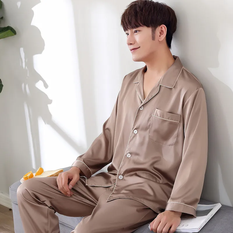 Man Pajamas Set 2pc Shirt Pants Sleepwear Spring Autumn Rayon Silk Nightgown Robe Size L-XXXL