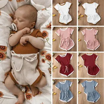 

0-24M Toddler Baby Girls Boys Clothes Sets Solid Short Sleeve Romper Tops+Shorts 2pcs
