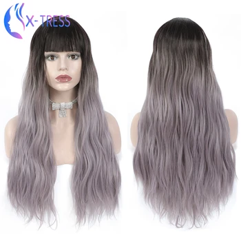 

Ombre Purple Synthetic Wig with Bangs Heat Resistant 26 Inch Natural Wave X-TRESS Soft Colorful Hair For Women's Daily Cosplay