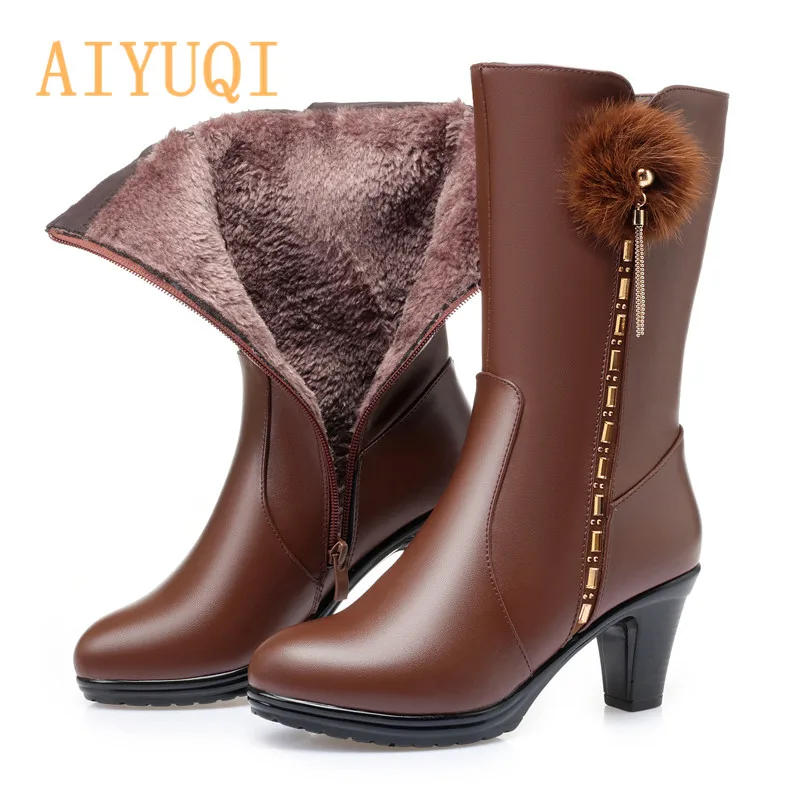 Brown fluff AIYUQI женские зимние сапоги с кроличьим мехом; женские пикантные сапоги на высоком каблуке; Стильные теплые шерстяные женские зимние сапоги - Цвет: Brown fluff