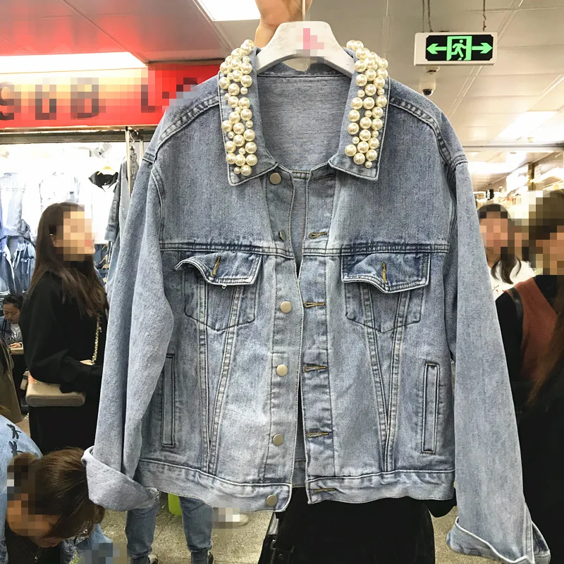 

Heavy work beaded denim jacket female 2019 new retro loose casual short coat