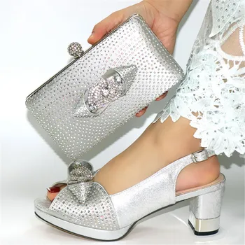 

Elegant Lady African High Heel Sandals With Purse Bag Silver Party Shoes And Clutch Handbag Set CR2105, Heel Height 7cm