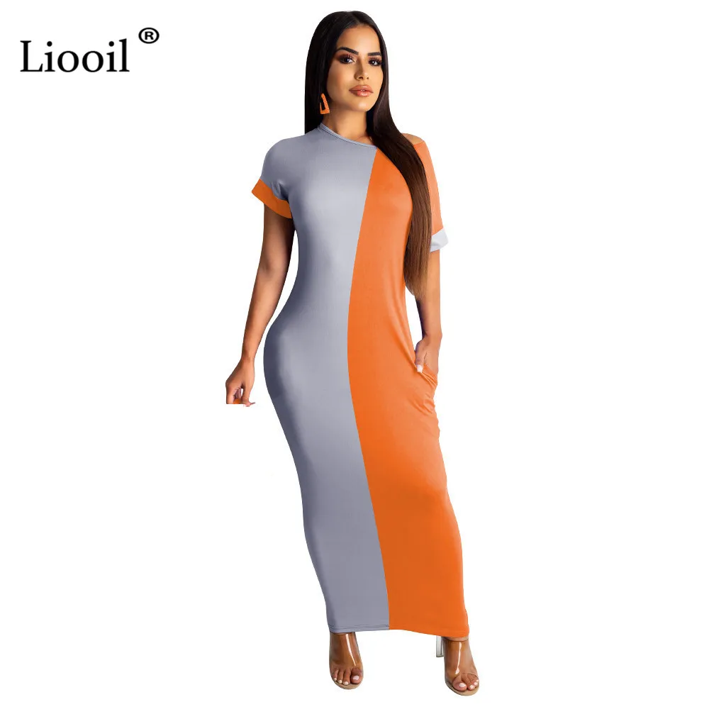 Liooil цвет блок Плюс Размер Bodycon Длинное Макси платье сексуальные Клубные наряды с коротким рукавом О образным вырезом оранжевые платья женские вечерние ночной клуб