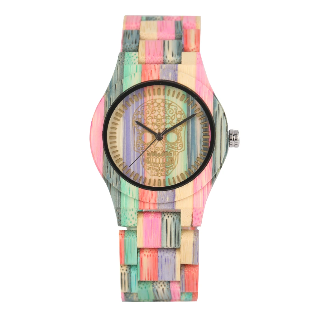 Quartz Wooden Watch Unique Skeleton Pattern Dial Wooden Watches Colorful Bamboo Wood Band Women Bangle Watch Men's Wrist Watches - Color: women size