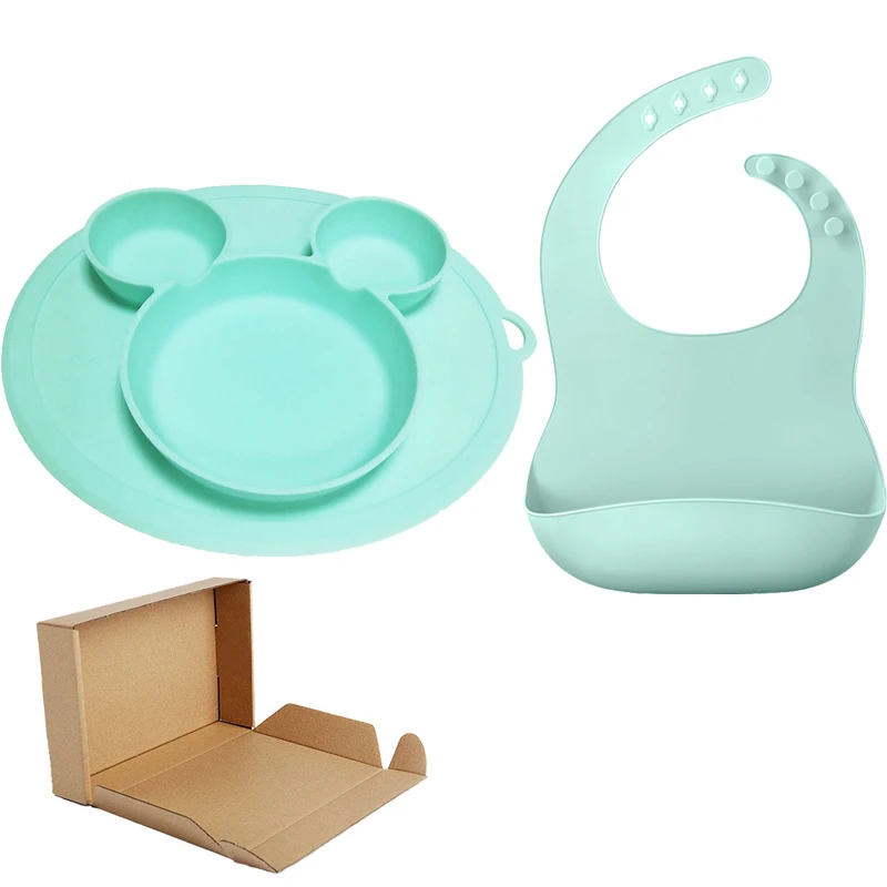Mint Green Set Детская силиконовая тарелка, Набор чашек с нагрудниками, Детская силиконовая миска на присоске, водонепроницаемые мягкие Слюнявчики, Детские разделители, Детская тарелка - Цвет: Mint Green Set