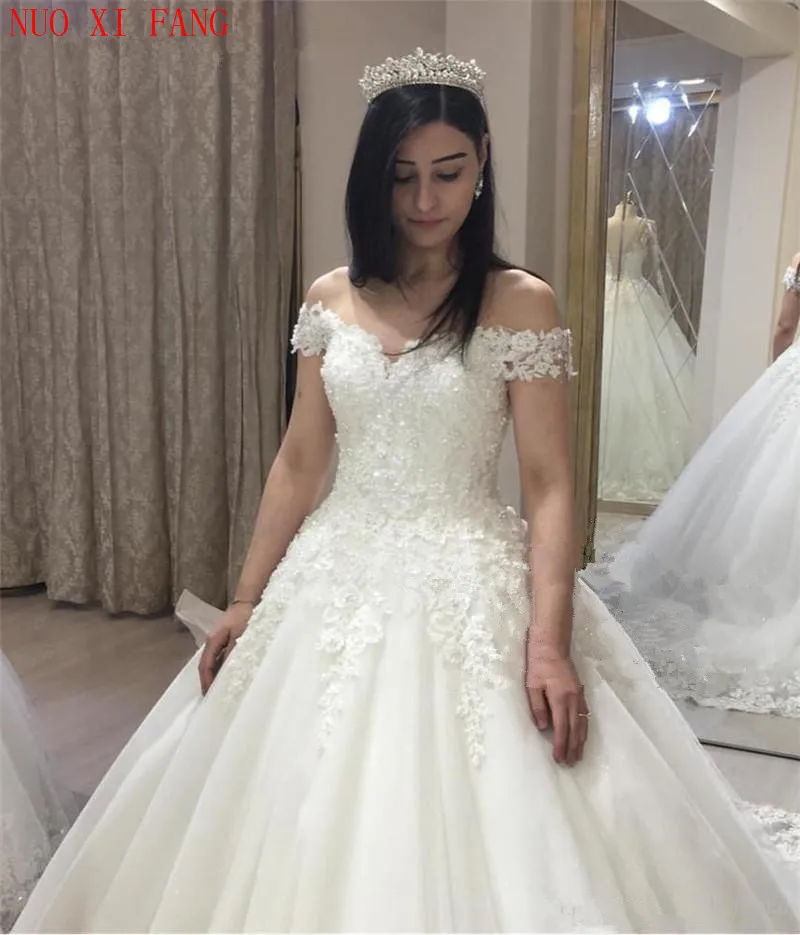 Princess Ball Gown Luxury Wedding Dress 2020 Off The Shoulder White Puffy Tulle Lace Applique Vestido De Novia vestito sposa