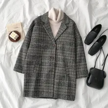 Осень Зима клетчатое длинное пальто для женщин английский стиль модный костюм воротник с длинным рукавом модная одежда куртка для женщин Формальные Элегантные Топы