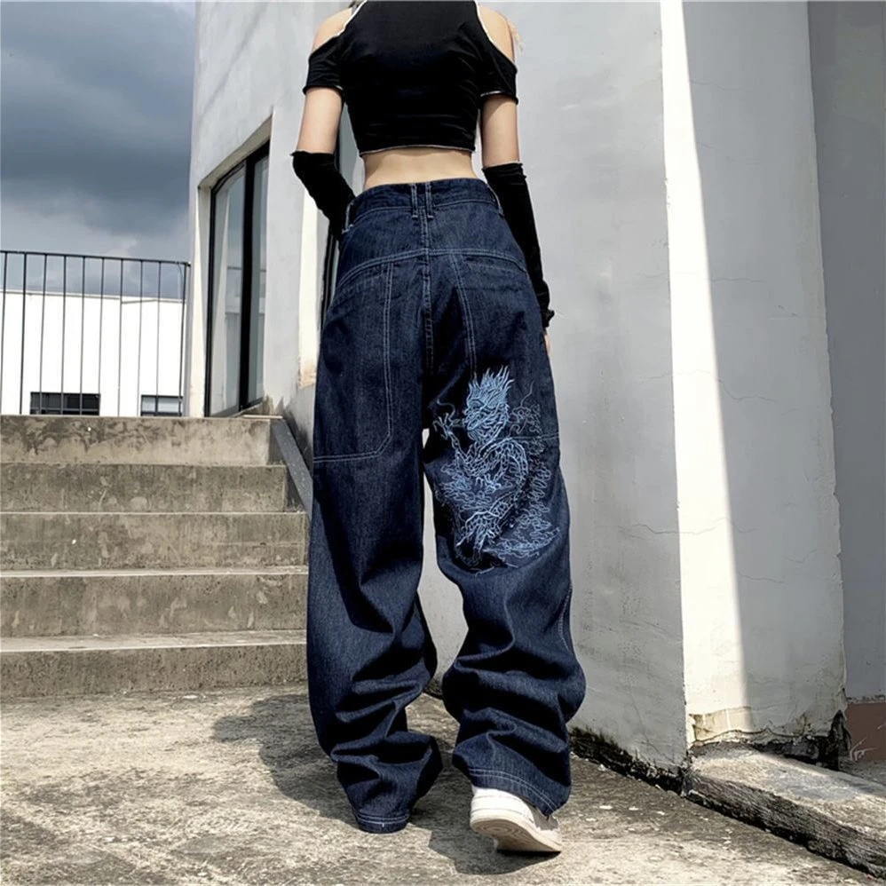 Vaqueros de pierna ancha y recta mujer, jeans retro de alta con de dragón, estilo hip hop, Harajuku|Pantalones vaqueros| - AliExpress