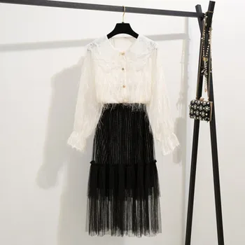 

Spring New Women's 2 Piece Set Sweet Doll Neck Tassels Chiffon Top+Fairy Leisure Half Body Skirt Mesh Skirt Set Vestidos