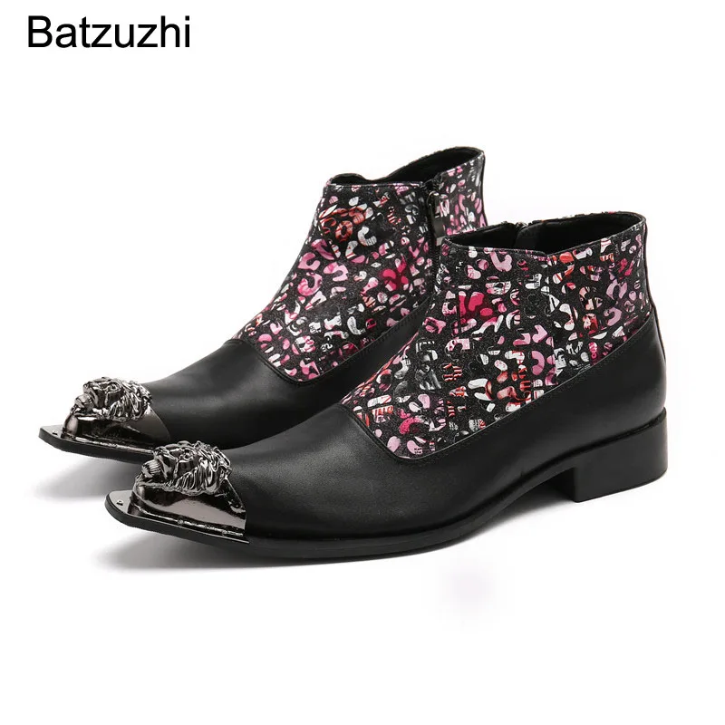Batzuzhi Fashion Personality Men's Ankle Boots Genuine Leather Pointed Metal Toe Zip Black Color Leather Motorcycle/Party Botas