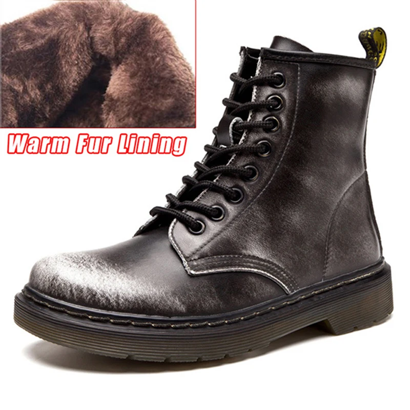 Женские теплые зимние ботинки на меху ботильоны из натуральной кожи осенне-зимняя женская обувь мотоциклетные ботинки военные ботинки на шнуровке с круглым носком - Цвет: Gray Fur
