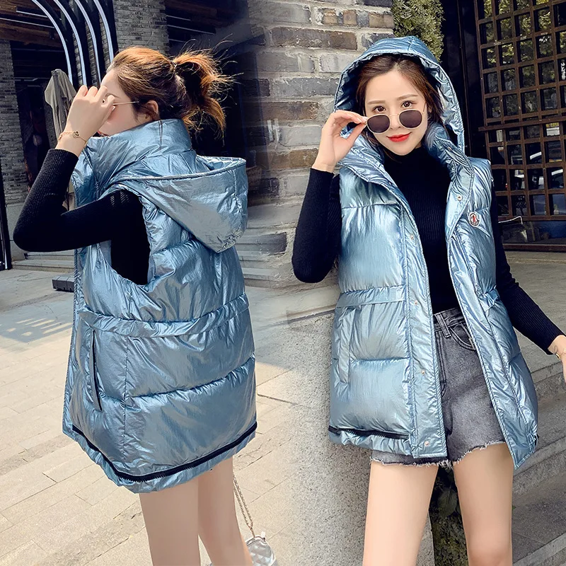 

Down Feather Cotton Vest Women's Mid-length 2019 New Style Korean-style Slimming Hooded Bright Surface Hooded Vest Waistcoat Fas