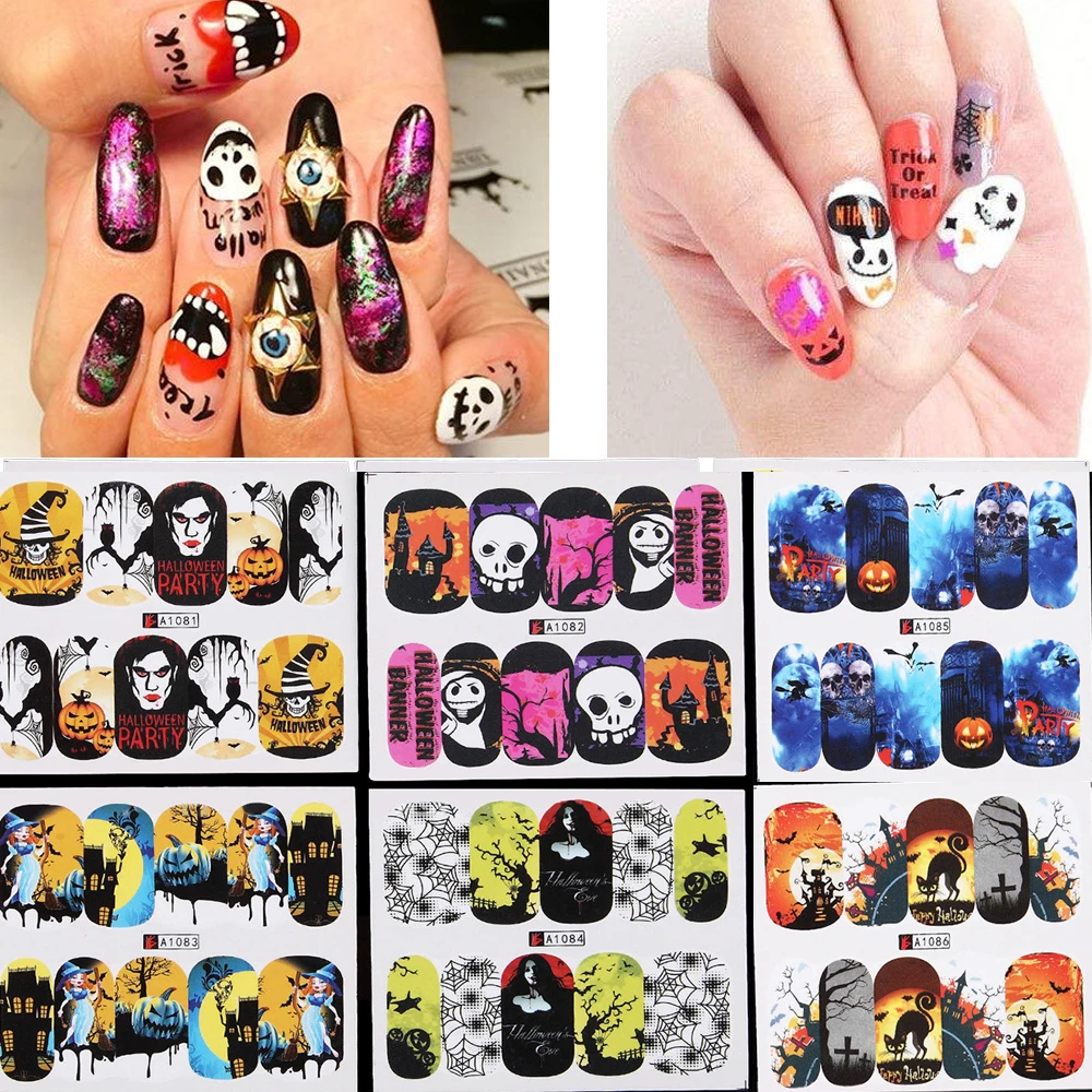 48pcs Watermark Rose Pumpkin Lantern Cartoon Skull Head Decals Halloween Decoration Nail Sticker Nail Art 3d Tips Decorations Stickers Decals Aliexpress